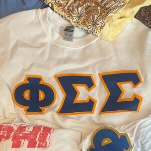 Phi sigma sigma White Greek Letter Sweatshirt with Blue and yellow Accents